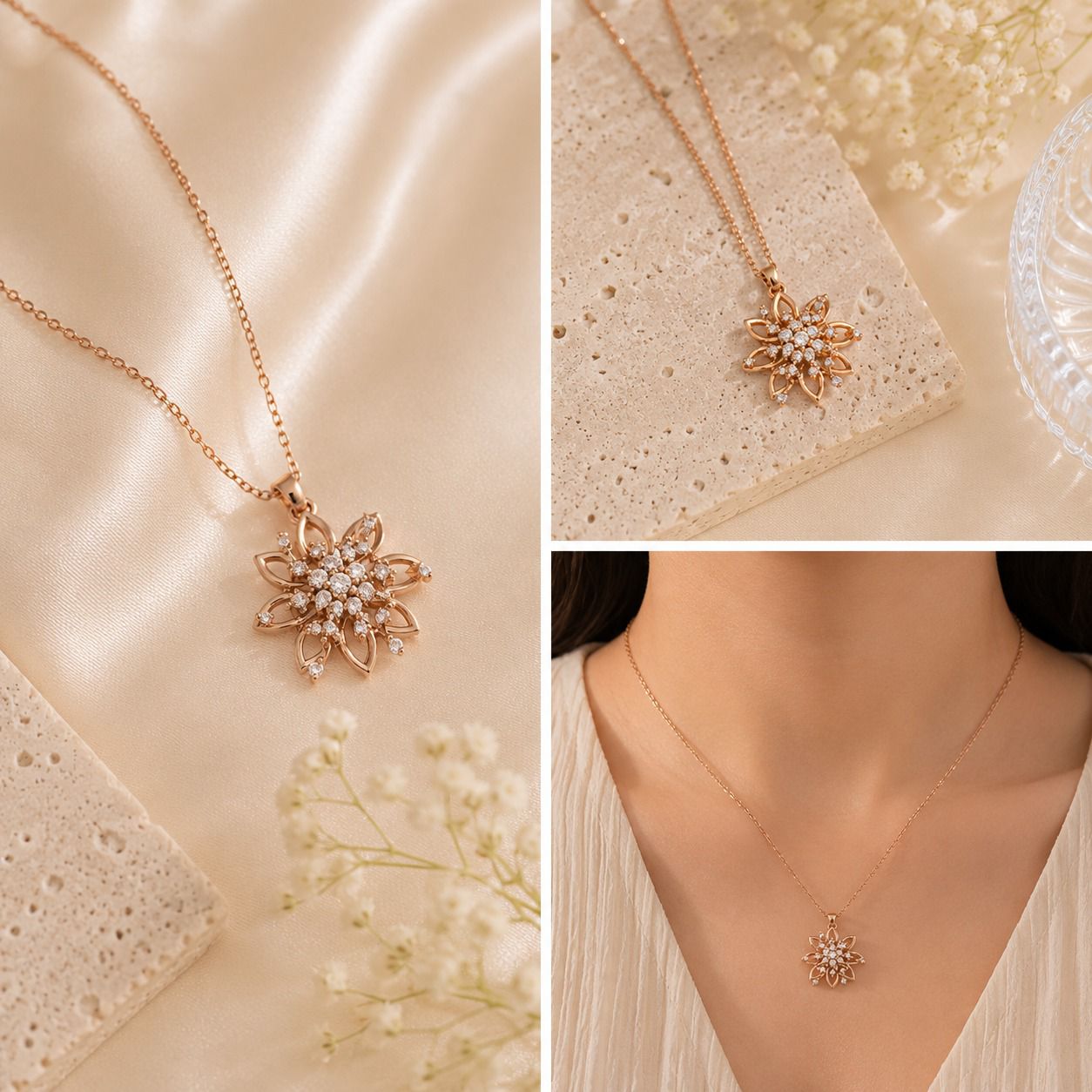 Bloom Crystal Flower Pendant Necklace – Rose Gold
