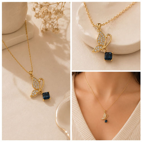 Sapphire Butterfly Charm Necklace – Gold Plated