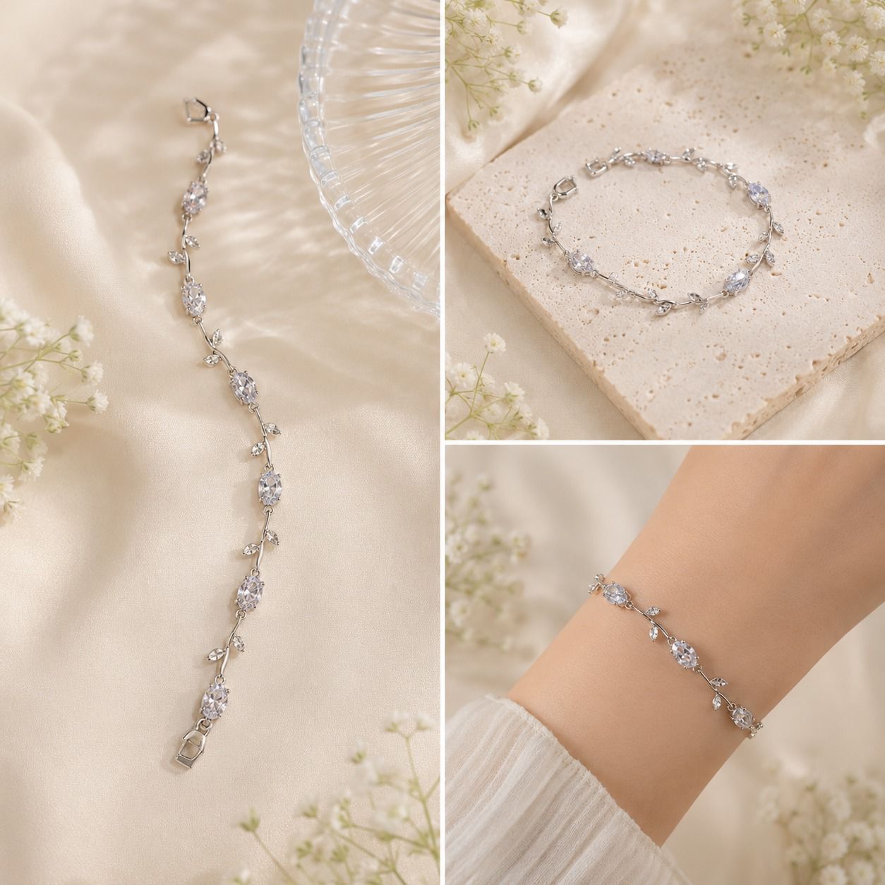 Silver Crystal Vine Bracelet – Anti-Tarnish Stainless Steel Adjustable Bracelet