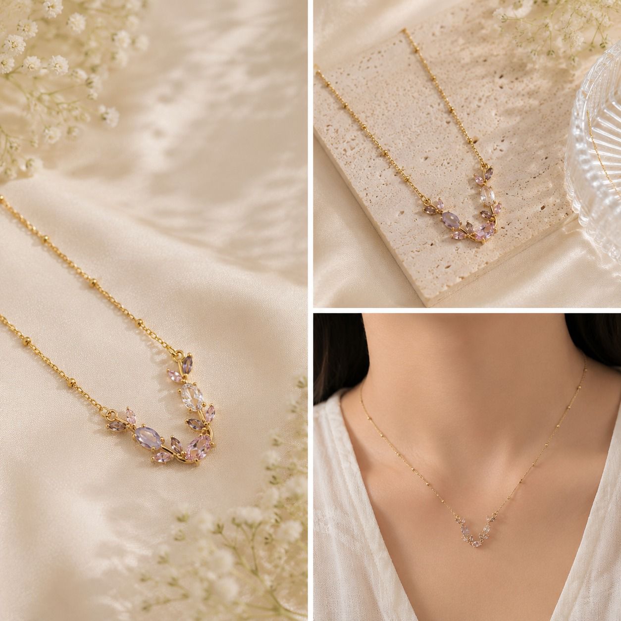 Blush Blossom Crystal Necklace – Anti-Tarnish Gold Plated Pendant