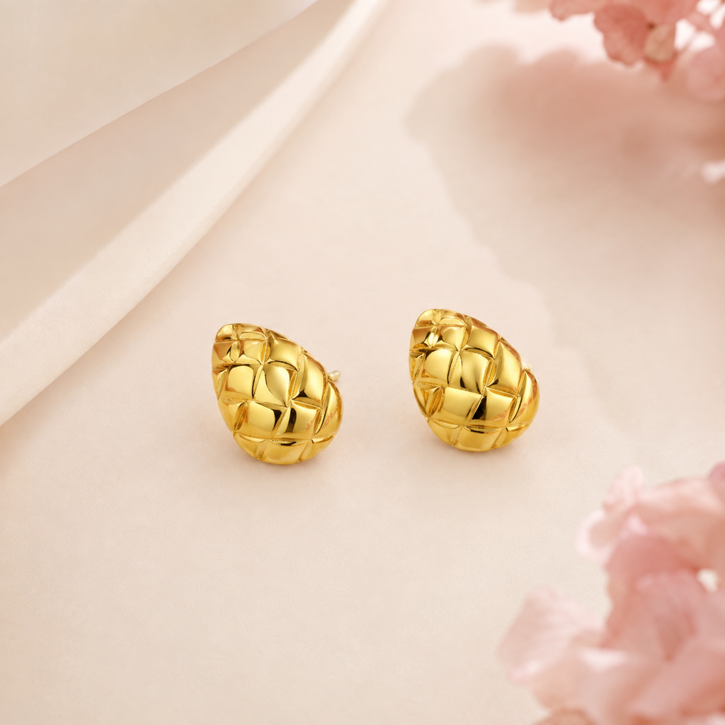 Quilted Teardrop Gold Studs
